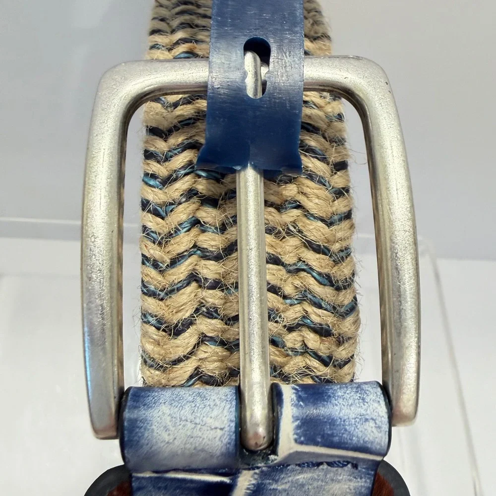 NEW Johnnie-O Mens Braided Jute Belt Malibu Blue Crocco Tip Size 32 NEW Beach